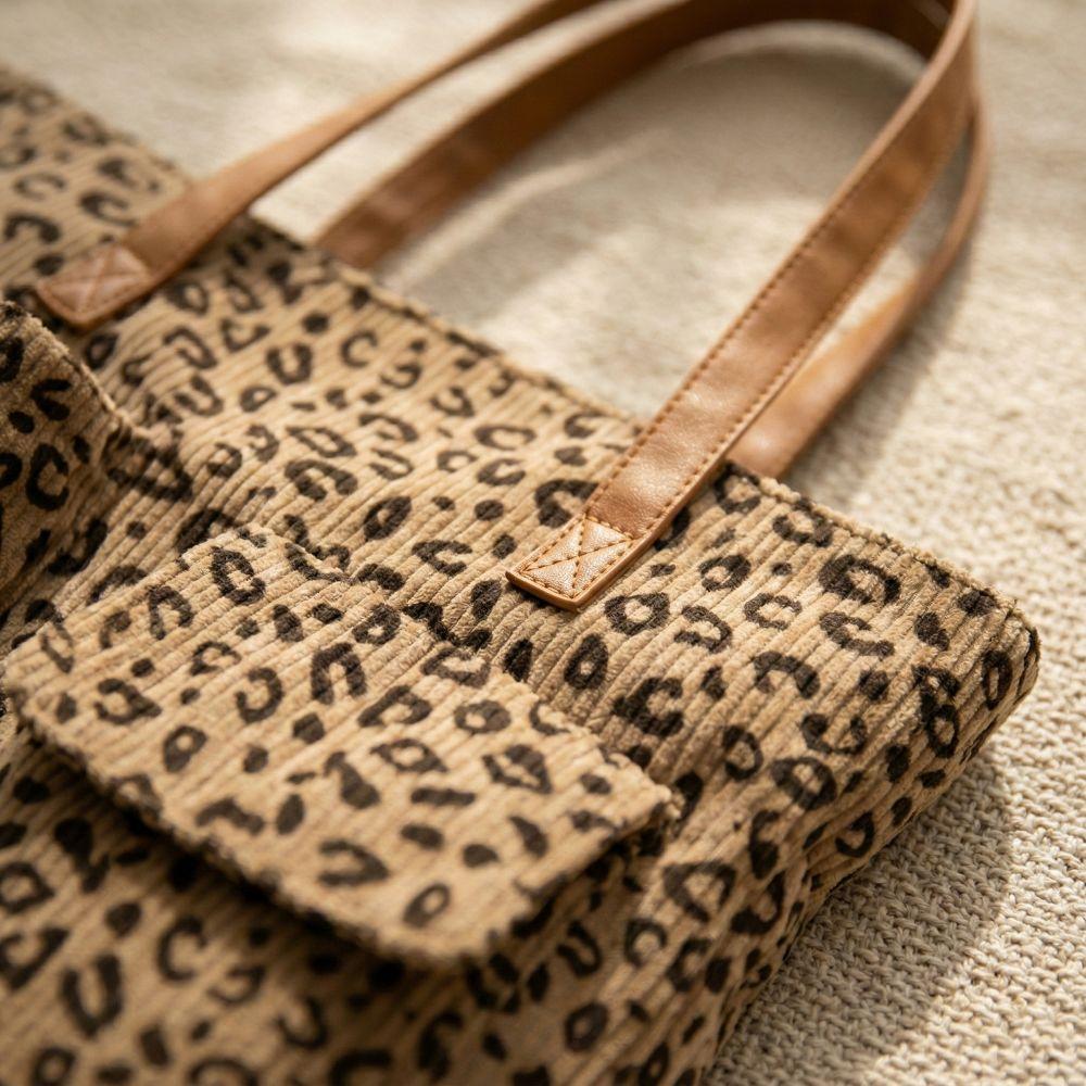 Large Capacity Corduroy Tote Bag Cherry/Leopard Pattern Multi-Pocket Cute Printed Handbag Adjustable Shoulder Simple