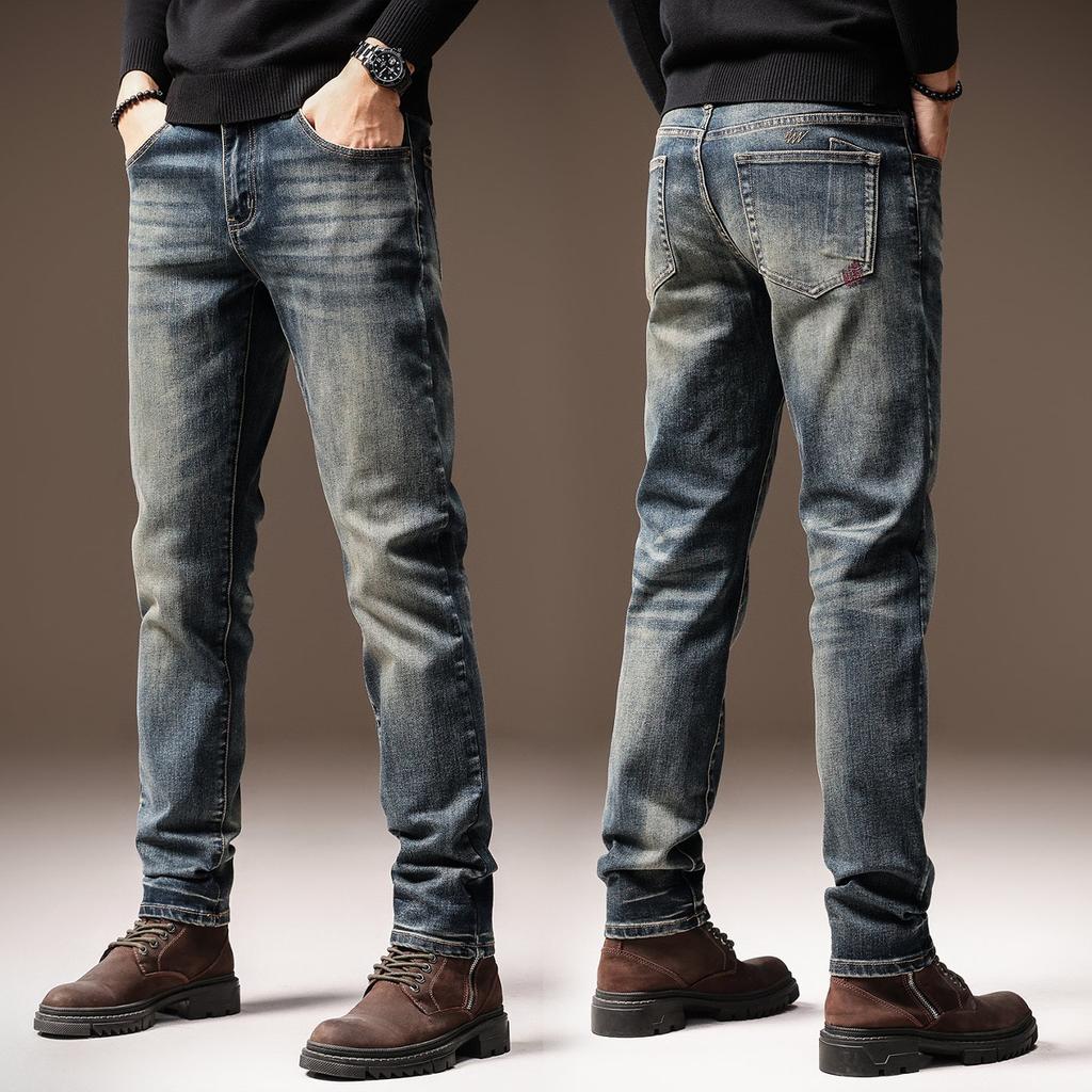 High-end European and American trendy brand men's jeans fashion slim-fitting straight autumn new elastic small feet casual pants