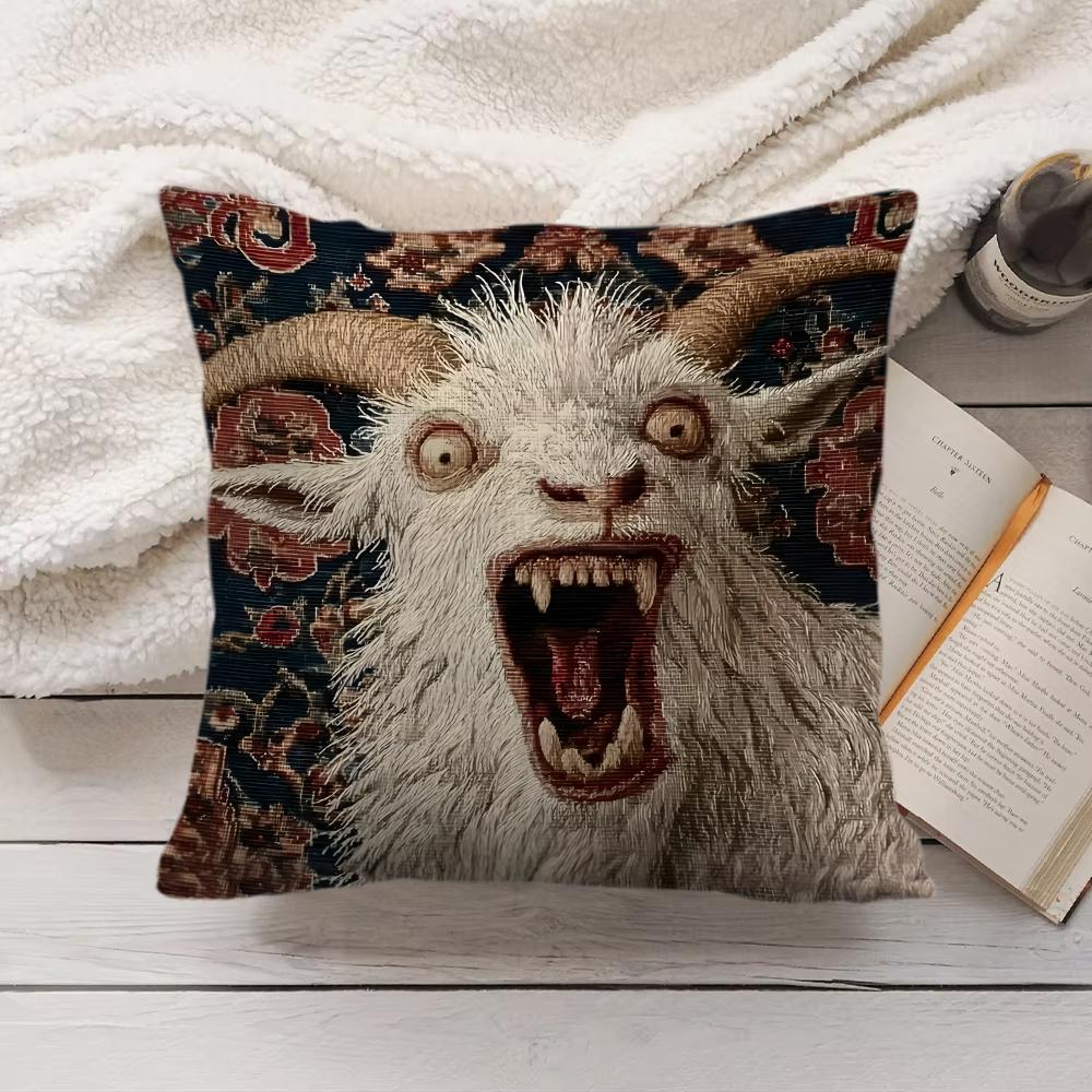 Spooky Goat Face 2D Cool Cushion Cover Silky Short Plush Invisible Zipper Dustproof Sofa Pillow Case For Home Decor