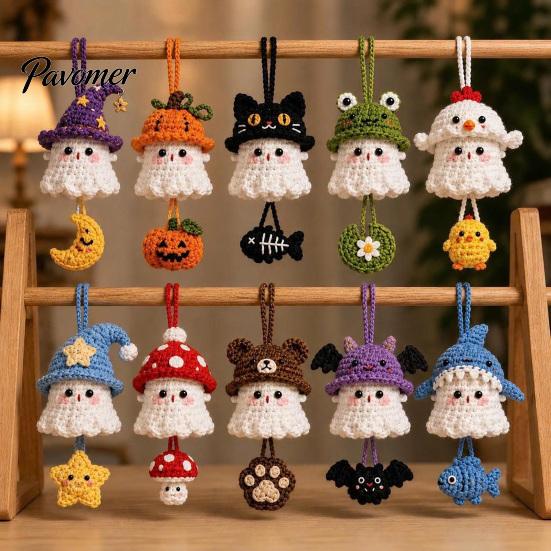 Cute Halloween Bag Charm Handmade Crochet Ghost Keychain, Plush Animal for Bags Portable Keychain Car Keys, Spooky Festive Knitted Ornament