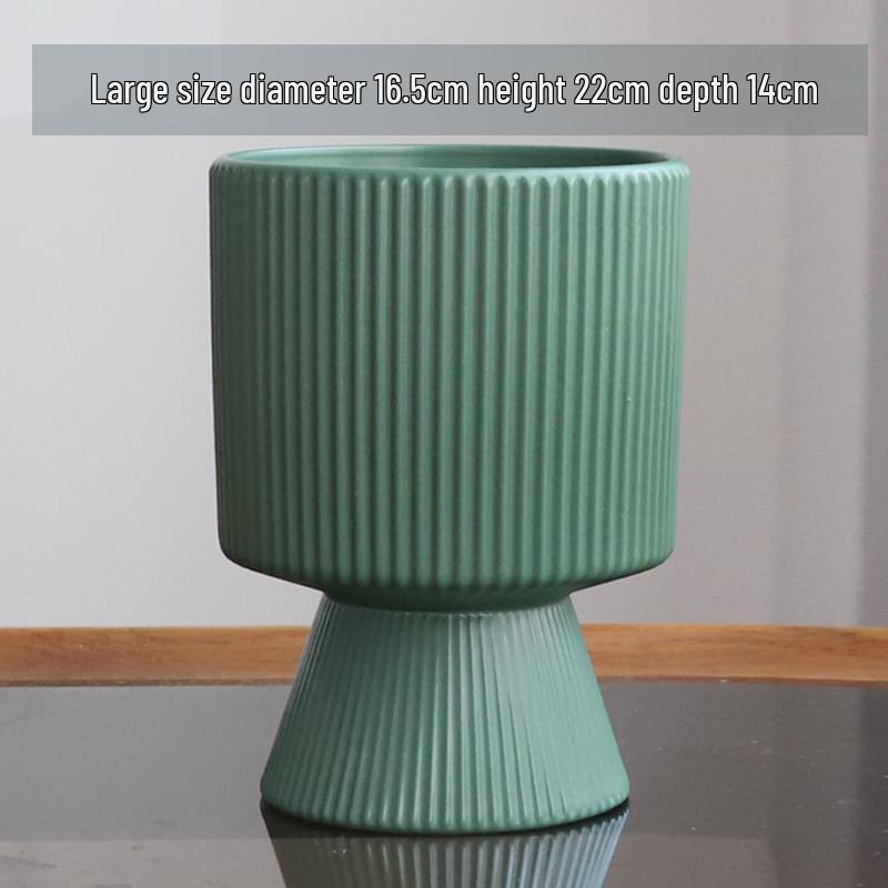 Nordic Ceramic Flower Pot with Tray - High-Footed Vertical Stripes for Indoor/ Balcony, Ideal for Pothos and Orchids.