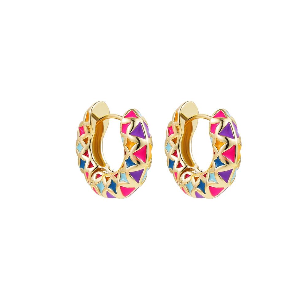 

Multicolor Enamel Round Geometric Texture Hoop Earrings for Women Gold Plated Fashion Chunky Ear Buckle Trendy Vintage Jewelry