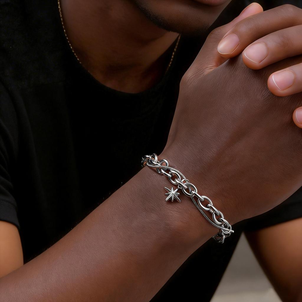 Retro Silver Color Stainless Steel Double-layer Bracelet for Men, Hip Hop Punk Style Star Charm Bracelets, Fashion Cool Jewelry