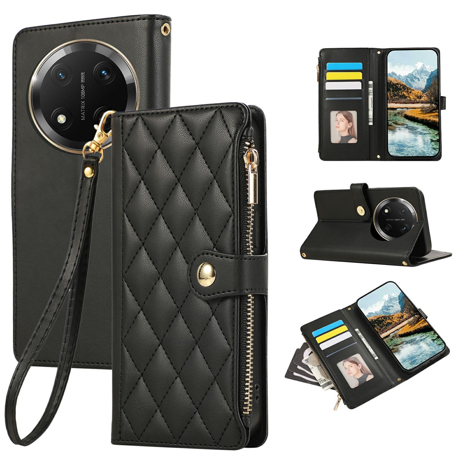 

Phone Case For Honor X60 Pro 5G/X9c 5G/Magic7 Lite 5G Multi Card Slots Zipper Rhombus Leather Cover with Wrist Strap Black