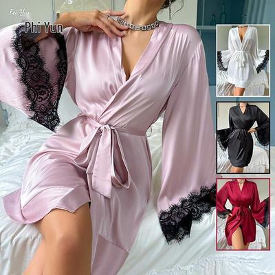 Robe de bain sexy in raso, lunghezza media, manica lunga, da donna, Lingerie