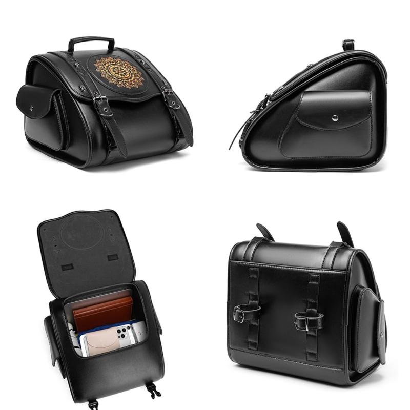 Retro Punk Motorcycle Seat Bag Strong PU Leather Waterproof Tool Storage Easy Mount Side Bag for Bike Riding