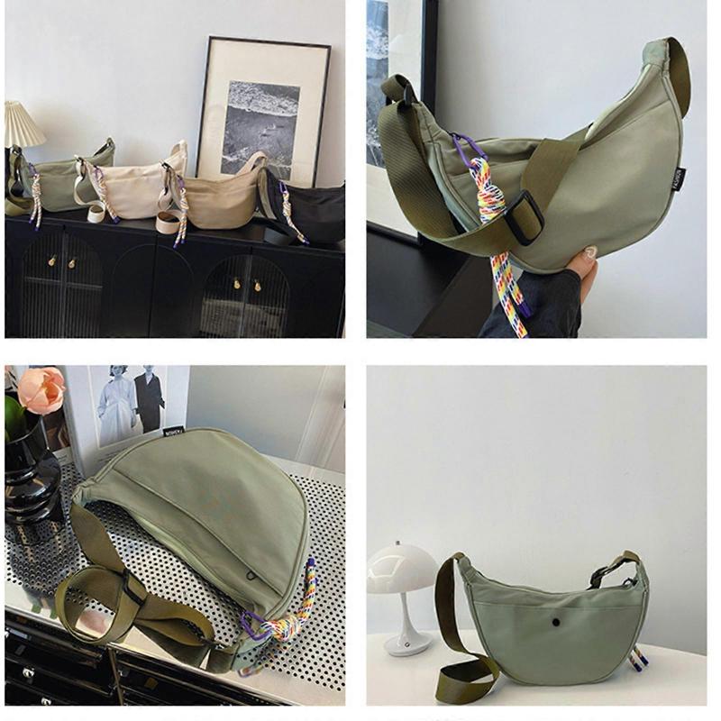 Trendig Kvinnlig Nylon Axelväska Mjuk Halvmåne Axelväska Med Justerbar Rem För Skola Och Daglig Användning Beige