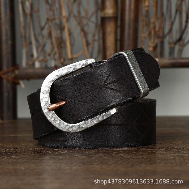 Washed Retro Old Engraved First Layer Cowhide Belt Men'S Genuine Leather Hammered Steel Buckle Korean Version Trendy Jeans Belt