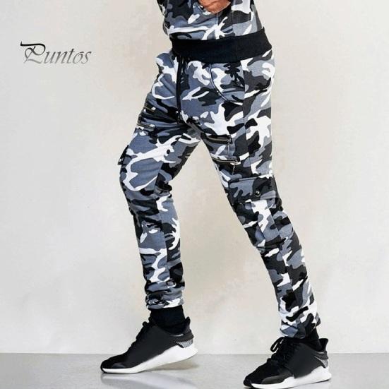 Men Cargo Pants Drawstring Elastic Waist Camouflage Print Multi Zippered Pockets Ankle-banded Slim Fit Casual Daily Wear Long Outdoor Trouser