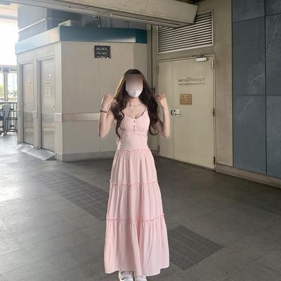 Summer New Pink Camisole Dress Women's Casual High-end Exquisite Waist Slimming Cake Long Skirt