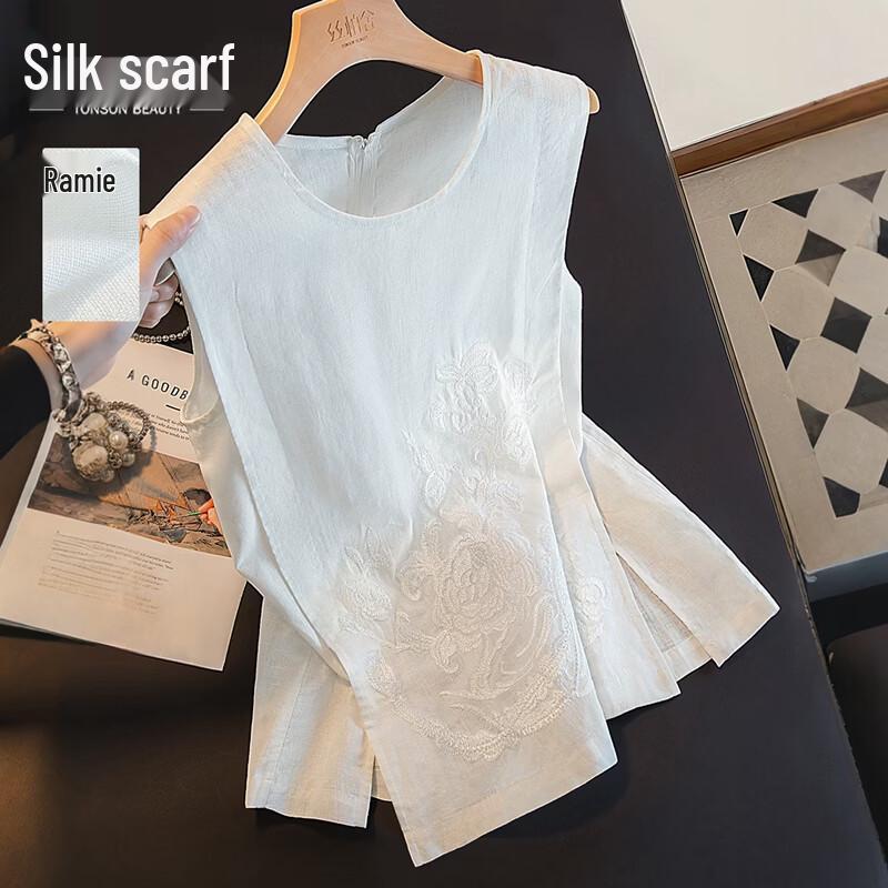 Elegant Embroidered Ramie Blend Sleeveless Top XXL