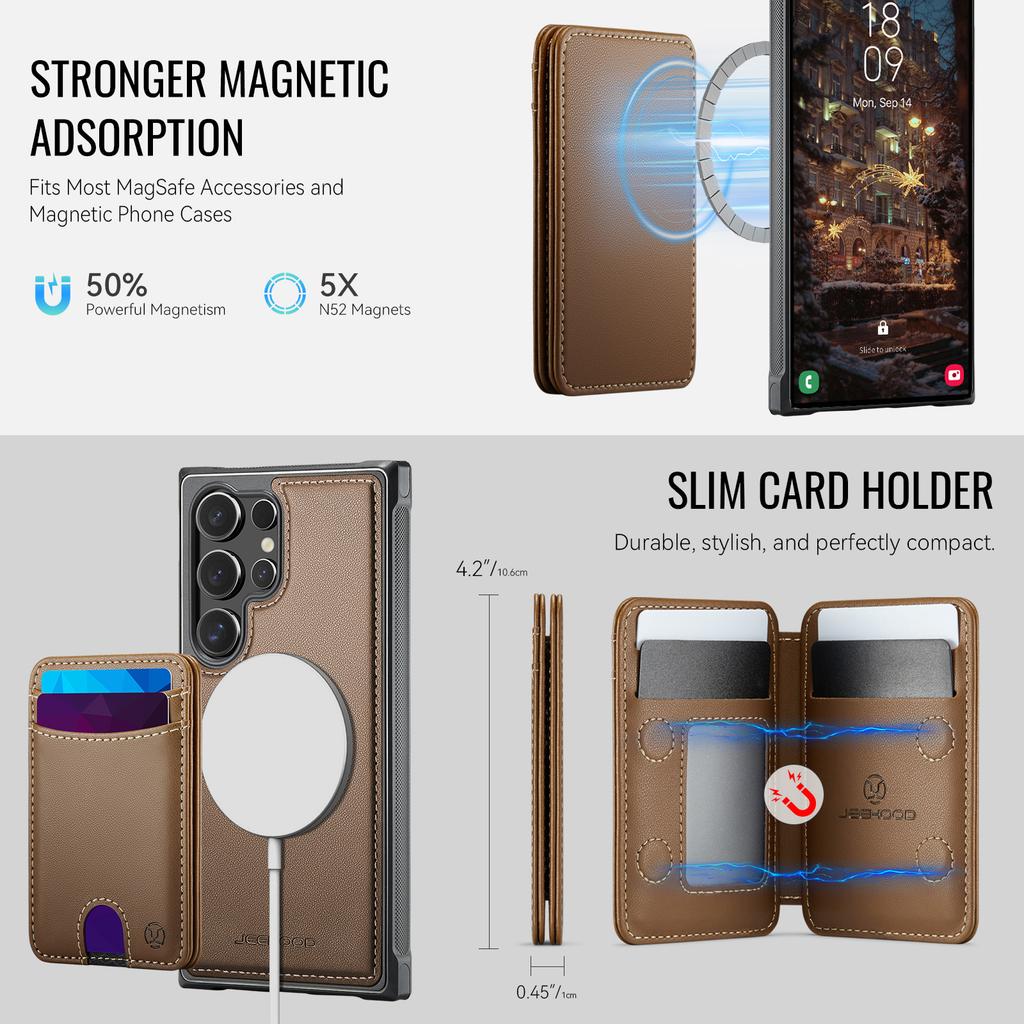 For Samsung Galaxy S26 Ultra Magnetic Case JEEHOOD J10 Leather Back Phone Cover with Detachable Card Holder Kickstand