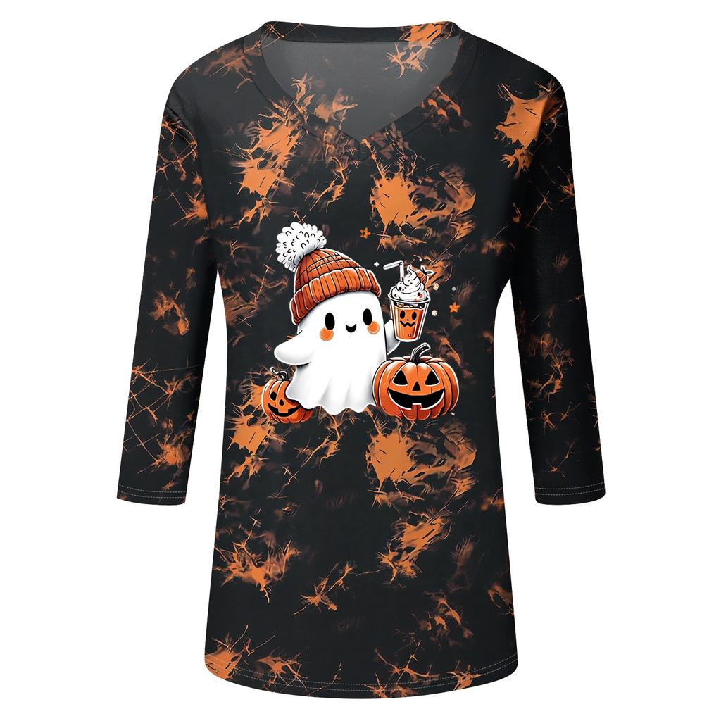 Women's Halloween Print V-Neck Three-Quarter Sleeve Casual Top