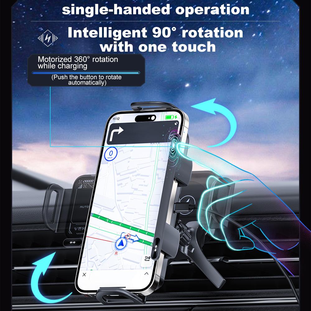 Carregador Sem Fio para Carro Suporte de Montagem para Celular com Rotação por Toque Carregamento Rápido Sem Fio para Carro de 15W para iPhone 15 Samsung Z Flip 6