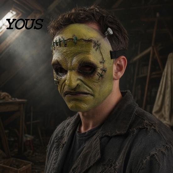 Realistic Halloween Horror Masque Cosplay for Adults Men Women, Creepy Comfortable Long Wear Green Half Face Party Detailed Distressed Leather Look
