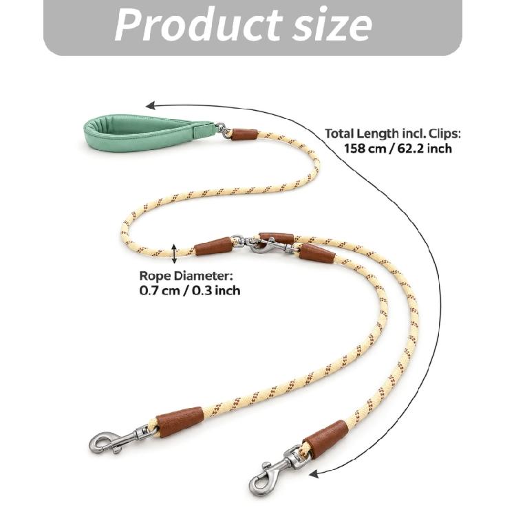 Two-Dog Rope with Braided Rope Construction, Cushioned Handle, and Rotating Connector for Neighborhood Walking Use