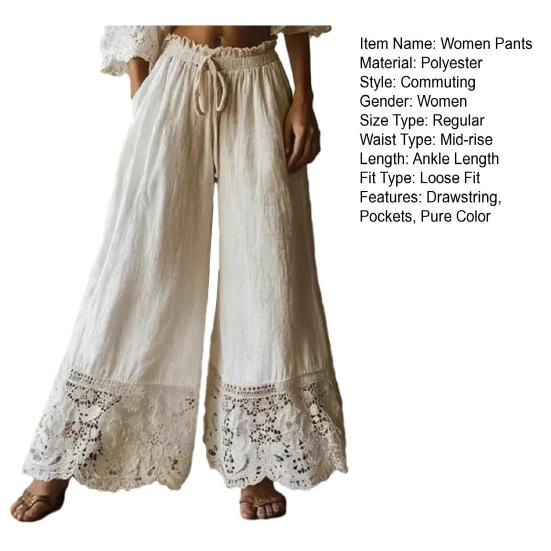 Women Pants Drawstring Adjustable Waistband High Waist Summer Pants Pure Color Loose Fit