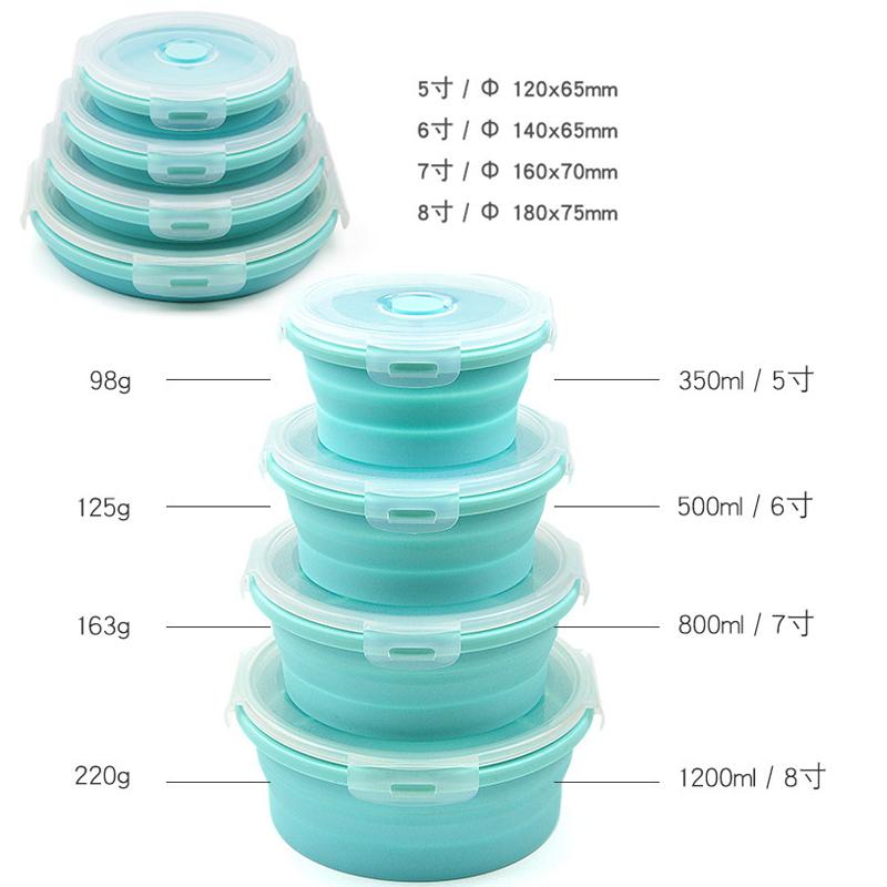 4pc Round Silicone Folding Lunch Box Set Microwave Folding Bowl Portable Folding Food Container Box Salad Snack Bowl with Lid