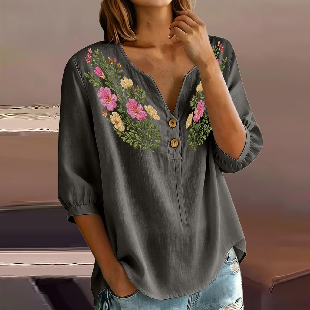 Women Floral Pattern Henley Button Neck Shirt Three Quarter Sleeve Casual Cotton Linen Blouse Lightweight Breathable Top