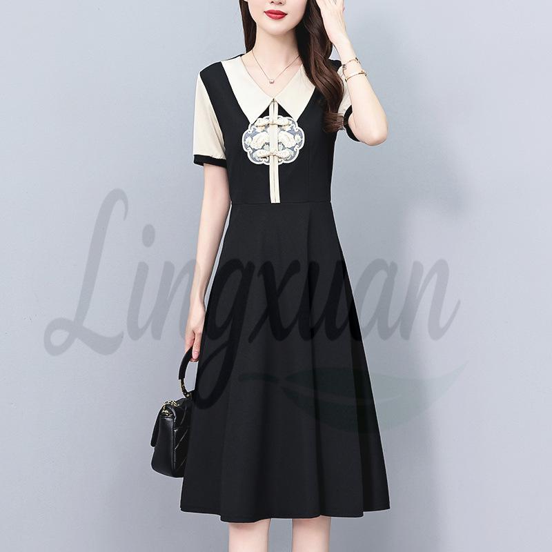 Retro Chinese-Style Slimming Mid-Length Short-Sleeve Dress - Plus Size Women s Clothing 4XL