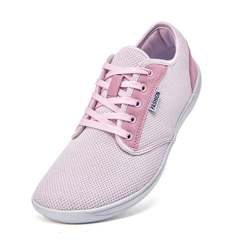 

Разноцветные кроссовки для босиком для мужчин и женщин, плоская обувь с широким носком, повседневная обувь на шнуровке, плюс унисекс размеры 36-48, сетчатая дышащая обувь 36 розовый