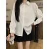 Fashion Niche Black Ladies Shirt with Buttons, French Retro Chic Bubble Long-sleeved Ladies White Top