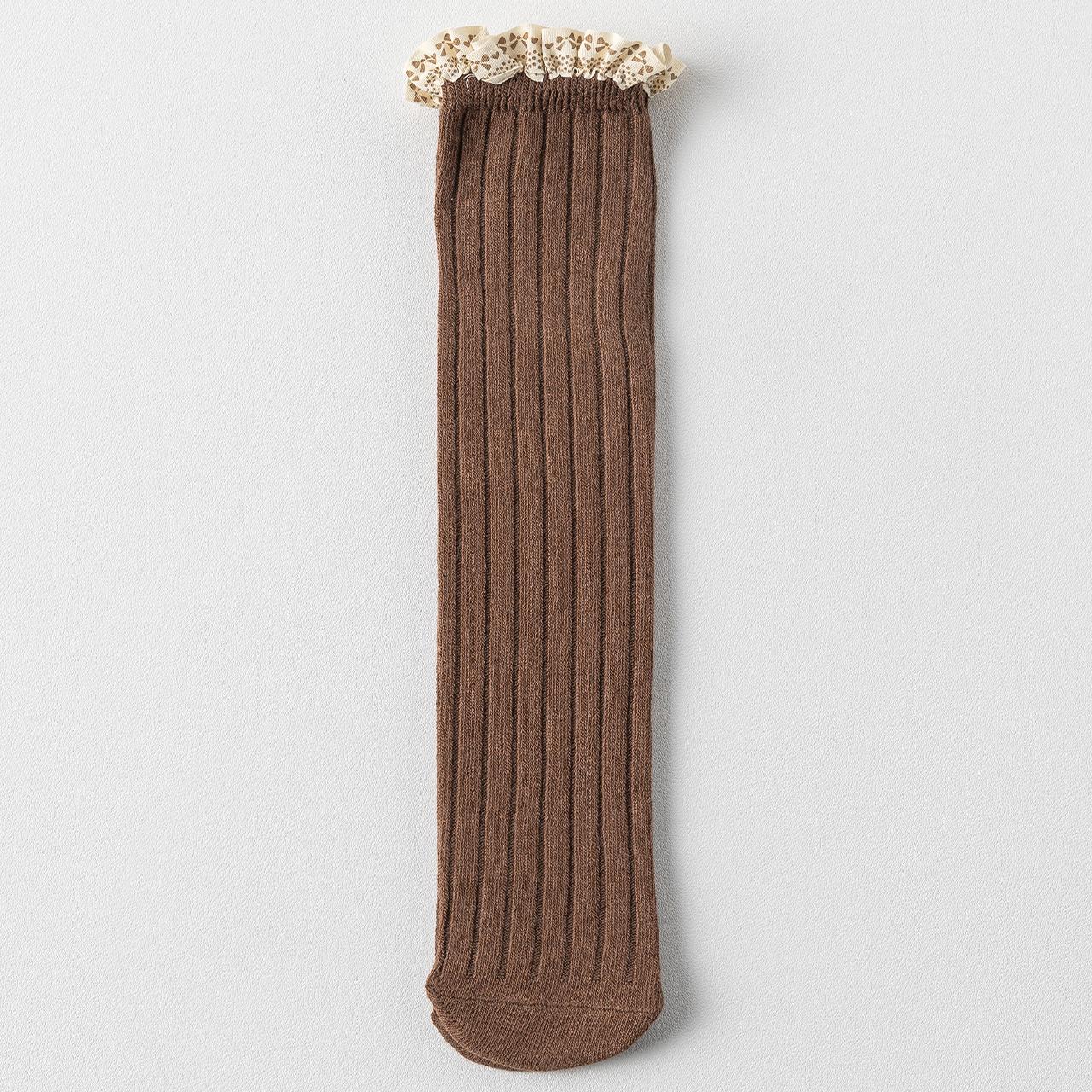 

Теплые детские хлопковые носки-следки весна-осень с оборками до икры, принцесса, детские вязаные длинные чулки, детские длинные носки M кофейный