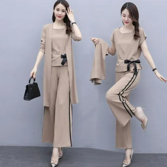 2023 Women's Fashion Three-Piece Set: Wide-Leg Pants, Temperament Coat & Casual Crop Top
