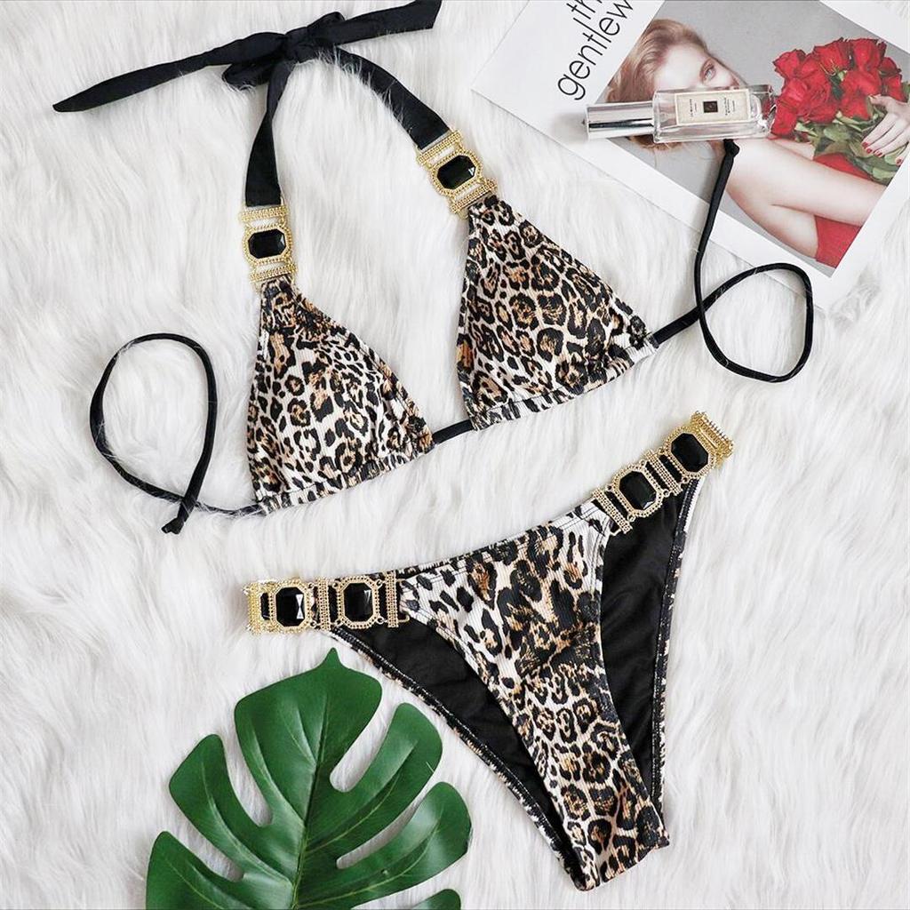 S - XL Bling Diamond Leopard Bikini Damen Badeanzug Damen Bademode Zweiteiliges Bikini-Set Neckholder Badende Badeanzug Schwimmen