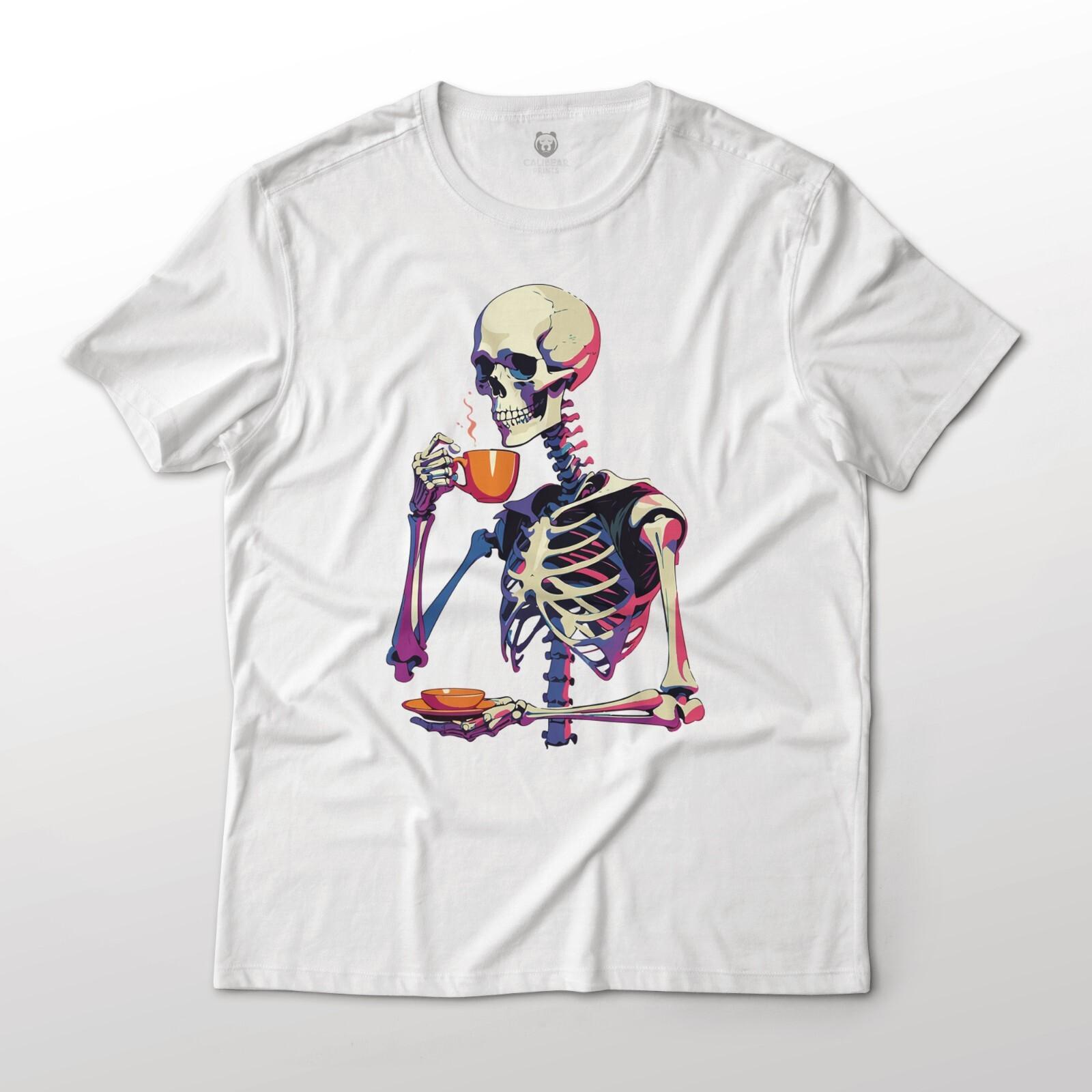 Skeleton Drinking Tea Funny Art Graphic T-Shirt S