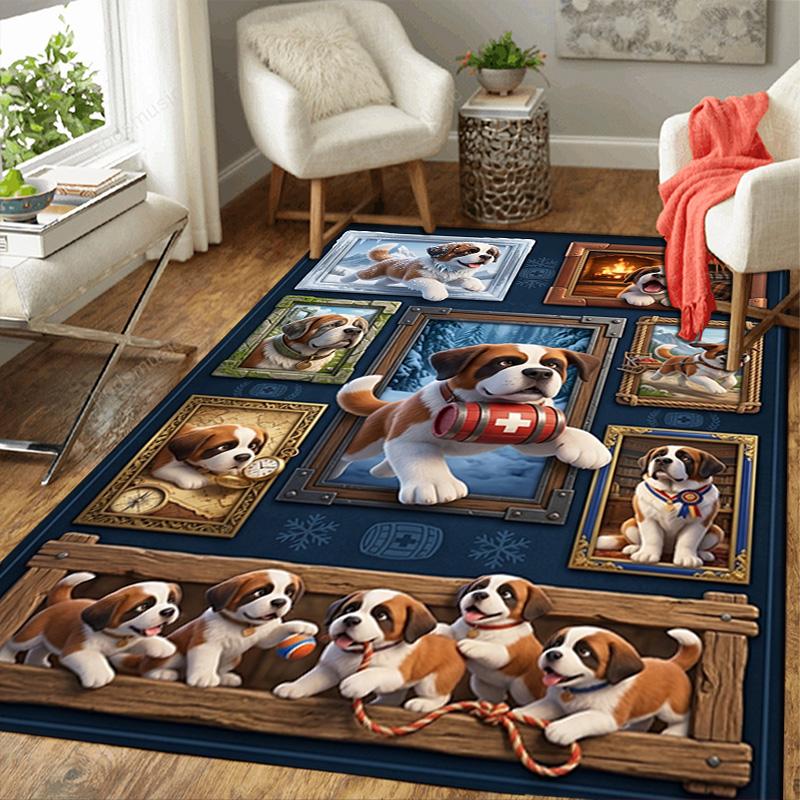 Saint Bernard Puppies Adventure Pattern Rug Floor Mat for Living Room or Bedroom Soft and Comfortable Carpet a Gift for Birthday and Holiday.