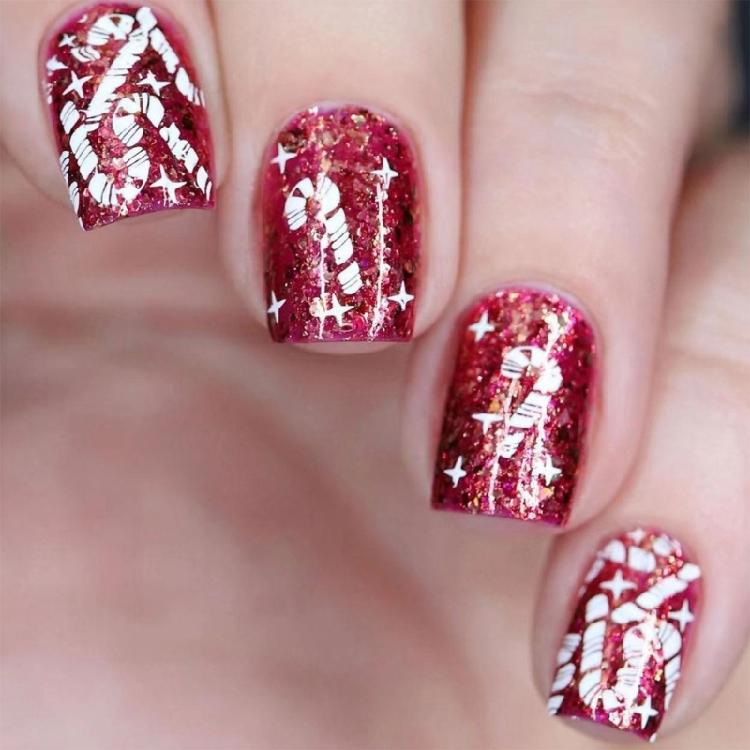 

24x Press On Nail Short Square Artificial Nail Candy Cane Full Cover Stick on Nail Christmas False Nail for Woman 1