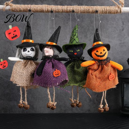 Halloween Holiday Decoration Hanging Decoration, Spooky Pumpkin/Ghost/Witch/Black Cat Doll Ornament with Decorative Witch Statue Burlap Skirt