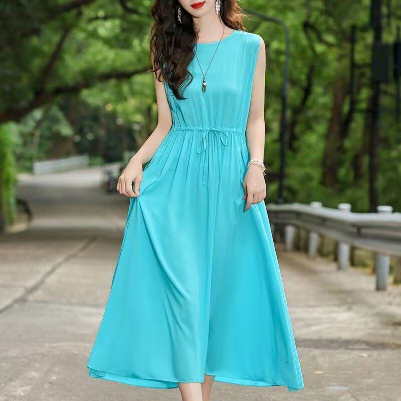 New Summer Floral Cotton-Silk Sleeveless Dress - Plus Size, Loose Fit, Slimming, Vacation Style Mom’s Long Dress