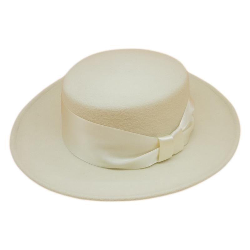 French Celebrity Retro Bow White Wool Woolen Flat Top Top Hat Women'S Autumn And Winter Foreign Trade Wide Brim British Versatile Felt