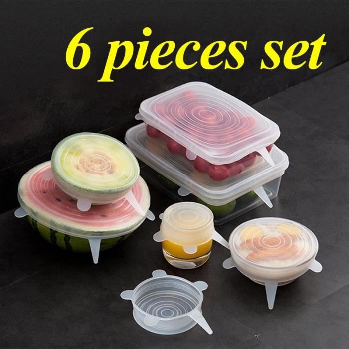 Couvercles étirables en silicone - Lot 6 pièces - Blanc - Réutilisable - Tailles universelles