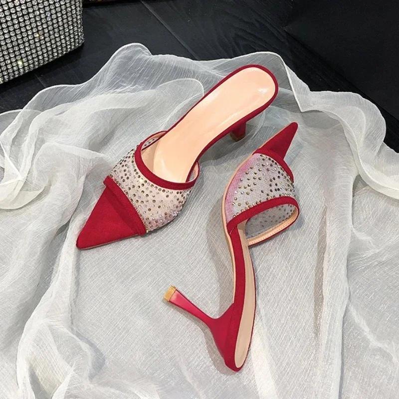 Fashion Women Mesh Sexy High Heels Slippers Women Pointed Toe Dress Shoes Female Summer Fashion Sandals  New Flip Flops Brand Pumps