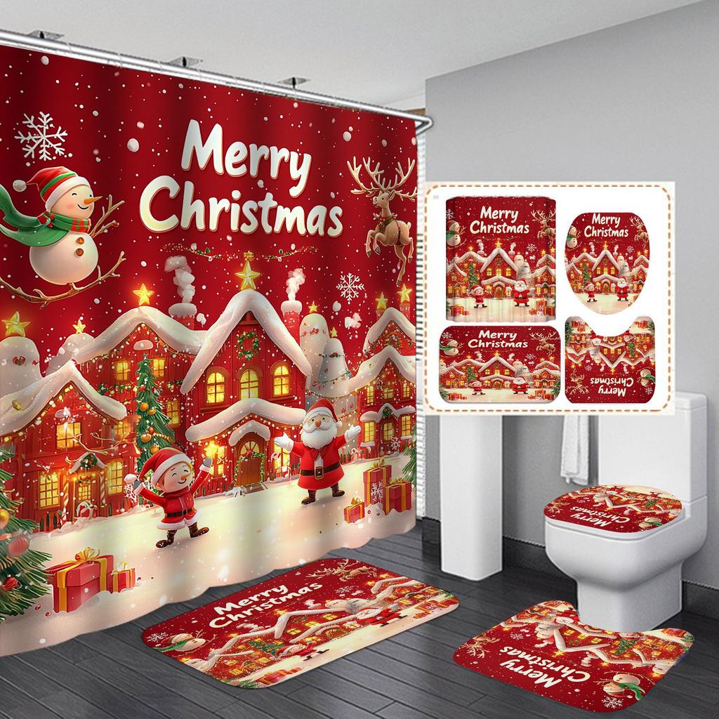 Red Marry Christmas Shower Curtain Santa Claus Printed Waterproof Polyester Bath Curtain for New Year Christmas Bathroom Decor