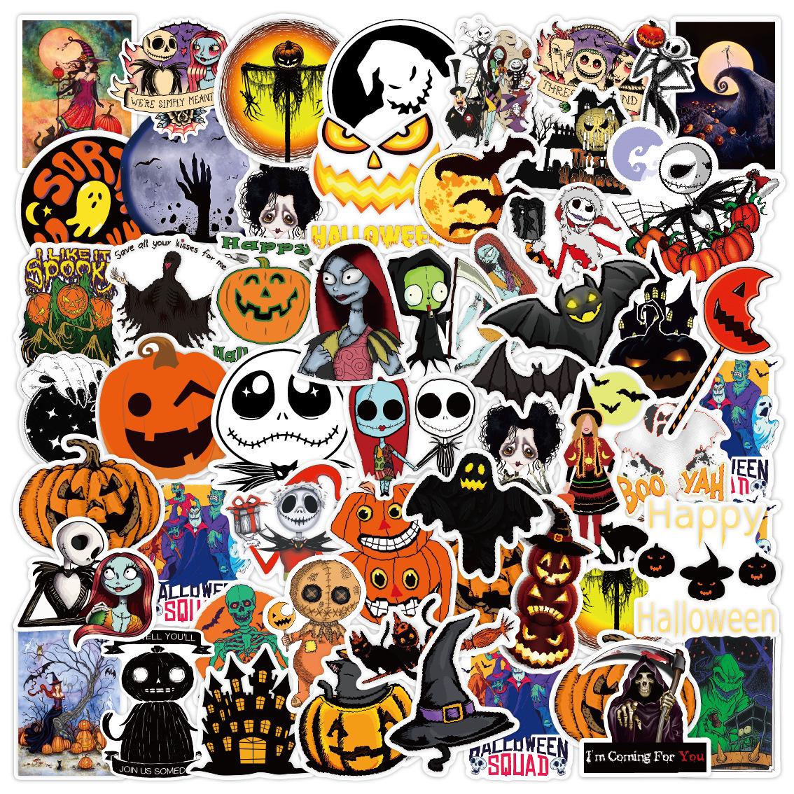 50 Halloween Cartoon Graffiti Stickers: Christmas Nightmare, Pumpkin, Bat, Ghost, Waterproof DIY Set