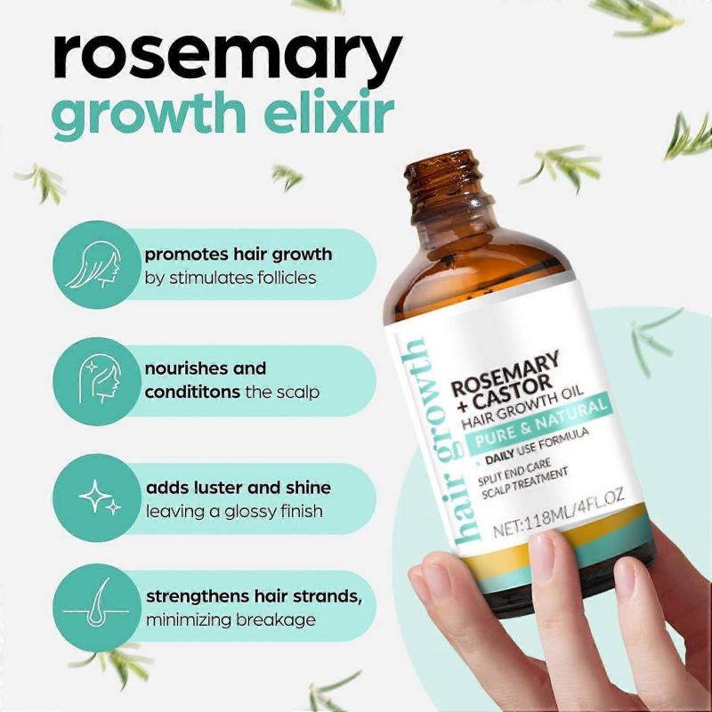 Organic Rosemary & Castor Hair Growth Oil + Scalp Massager Set - Hair Styling Oil for Dry, Itchy Scalp, Thickening & Hydration & Repair For Damaged Ha