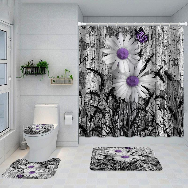 

White Chrysanthemum Series Digital Printing Bathroom 4-Piece Bathroom Non-Slip Mat U-Shaped Mat And Shower Curtain Set Floormat40x60cm