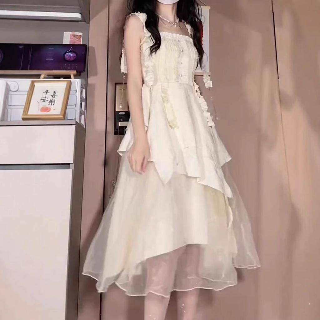 Gentle Wind Princess Long Dress Fairy Fairy Dress Sweet Suspender Irregular Pleated Dress Female Summer