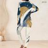 Women Plus Size Navy Blue Gold White Printed Round Neck Long Sleeve Longline Top Fitted Pants Two Piece Set