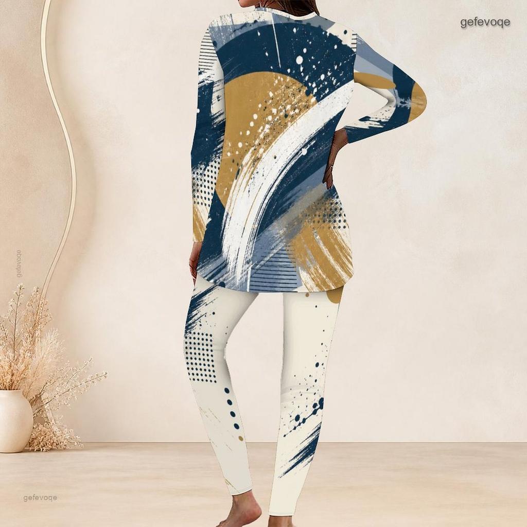 Women Plus Size Navy Blue Gold White Printed Round Neck Long Sleeve Longline Top Fitted Pants Two Piece Set