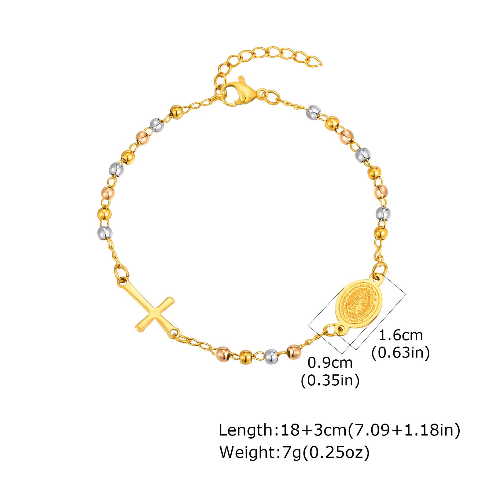Vnox Stainless Steel Beaded Virgin Mary Bracelet,Charm Rosary Cross Chain Bracelet For Women,Religion Christ Three Jewelry
