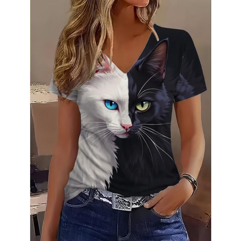 Women's T Shirt Cat Graphic Animal Stylish Classic Casual Short Sleeve Crew Neck Regular