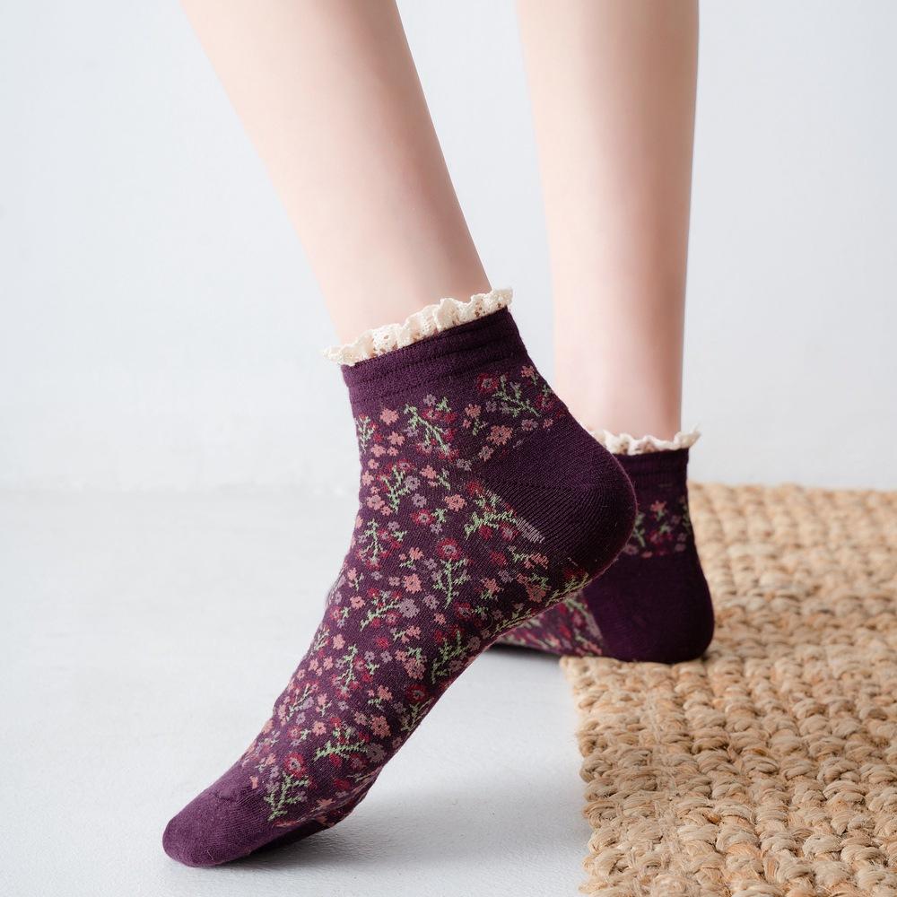 New Curly Lace Cotton Cute Fresh Retro Small Floral Prairie Chic Lovely Princess Short Ankle Socks Mori Girl Style