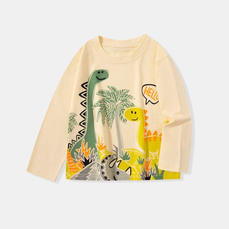 And Autumn Children's Clothing Boys' Long-Sleeved Shirts T-Shirts Kidsren's Cartoon Dinosaur Round Neck Tops Boys' Drop-Shoulder Pure Cotton Clothes