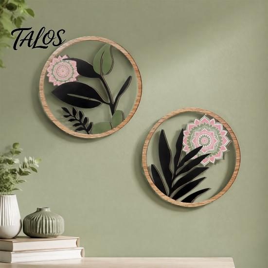 Decorative Wall Art for Bedroom 4Pcs Boho Decor, Floral Round Wooden Geometric Rustic Botanical Art, Farmhouse Aesthetic Hanging Ornaments Living Room