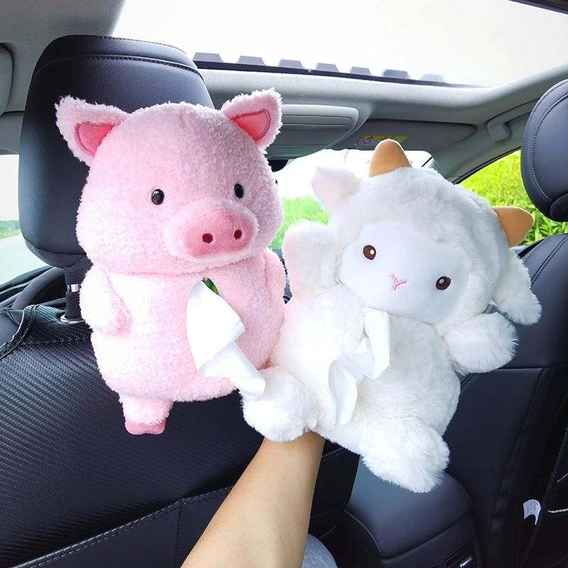 Cartoon Car Tissue Box Creative Little Sheep and Pig Car Hanging Paper Drawer Box Cute Car Interior Supplies Tissue Box